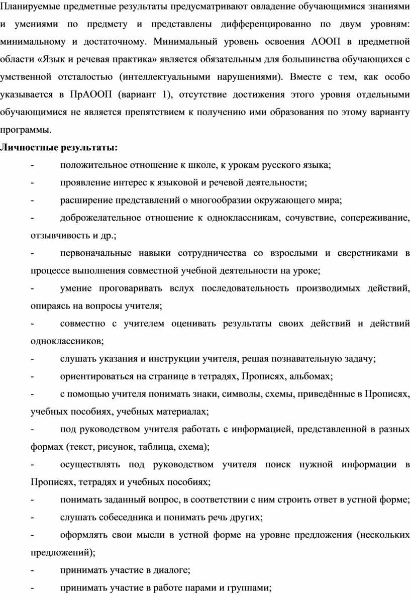 Планируемые предметные результаты предусматривают овладение обучающимися знаниями и умениями по предмету и представлены дифференцированно по двум уровням: минимальному и достаточному