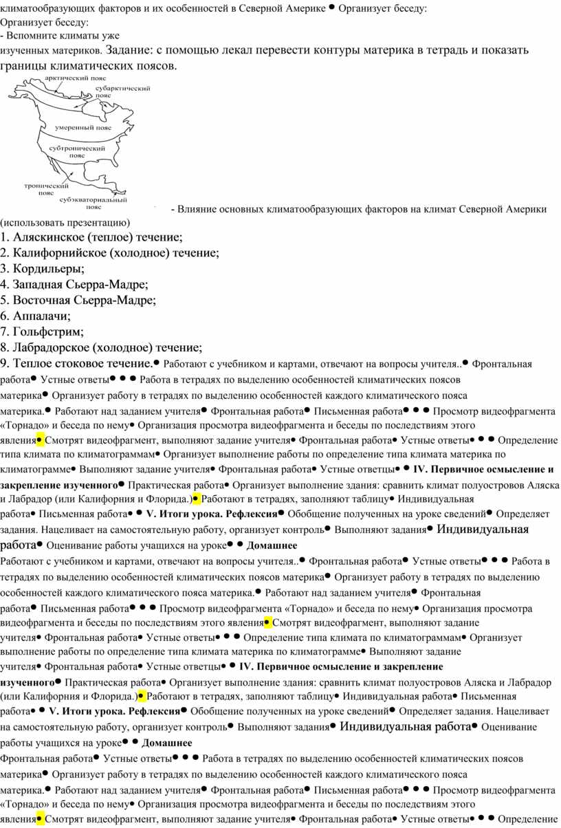 Технологическая карта по географии 7 класс Климат Северной Америки