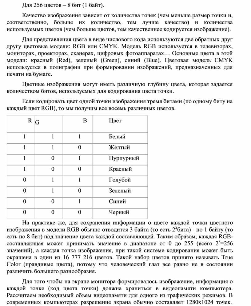 При создании изображения использовалось 256 цветов сколько байт памяти занимает 1 пиксель