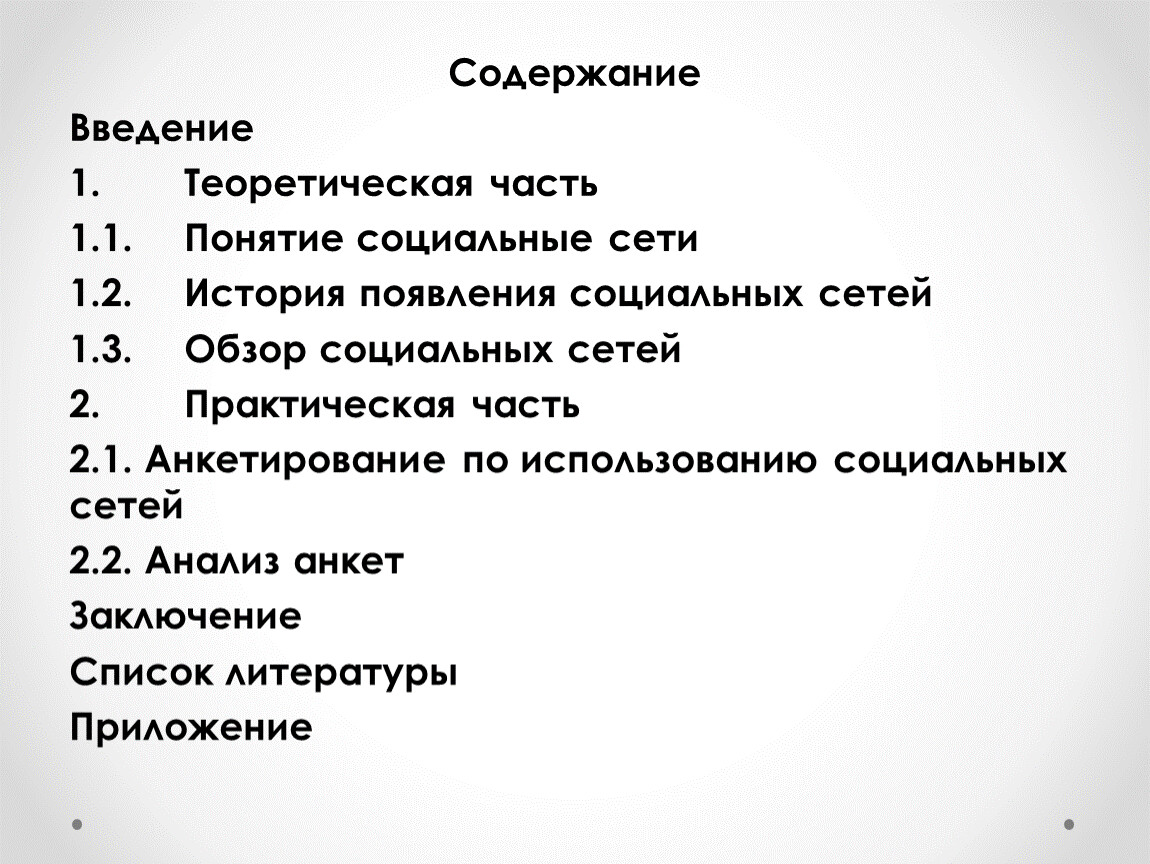 Содержание и введение в презентации