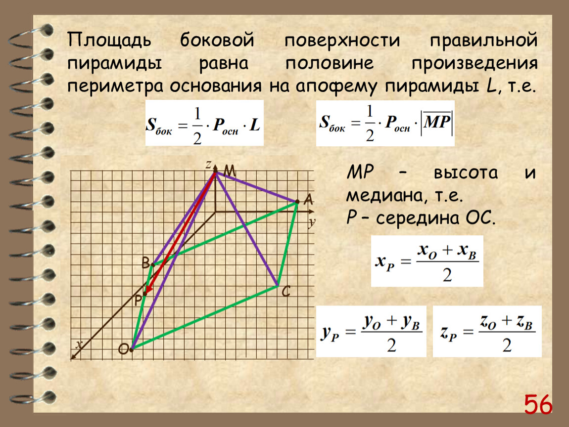 Равна произведению периметра основания на высоту. Площадь боковой поверхности правильной пирамиды. Площадь боковой поверхности пирамиды задачи. Половина произведения периметра основания на апофему. Площадь боковой поверхности правильной пирамиды равна.