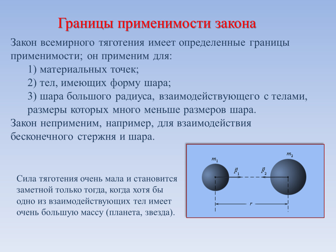 Закон всемирного тяготения. Границы применимости закона Всемирного тяготения 9 класс. Условия применимости закона Всемирного тяготения. Закон Всемирного тяготения справедлив. Вес тела границы применимости.