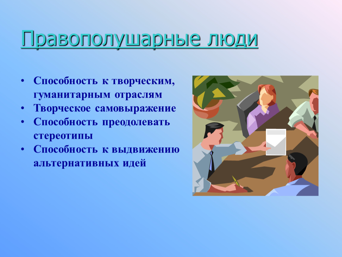 Право человека возможность человека. Правополушарные люди. Правополушарный Тип. Правополушарное мышление. Правополушарный Тип мышления.