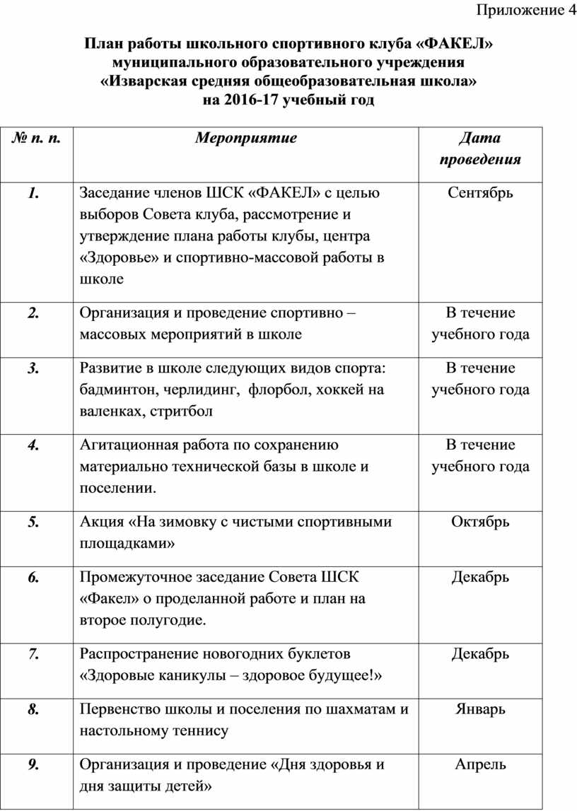 План работы спортивного клуба