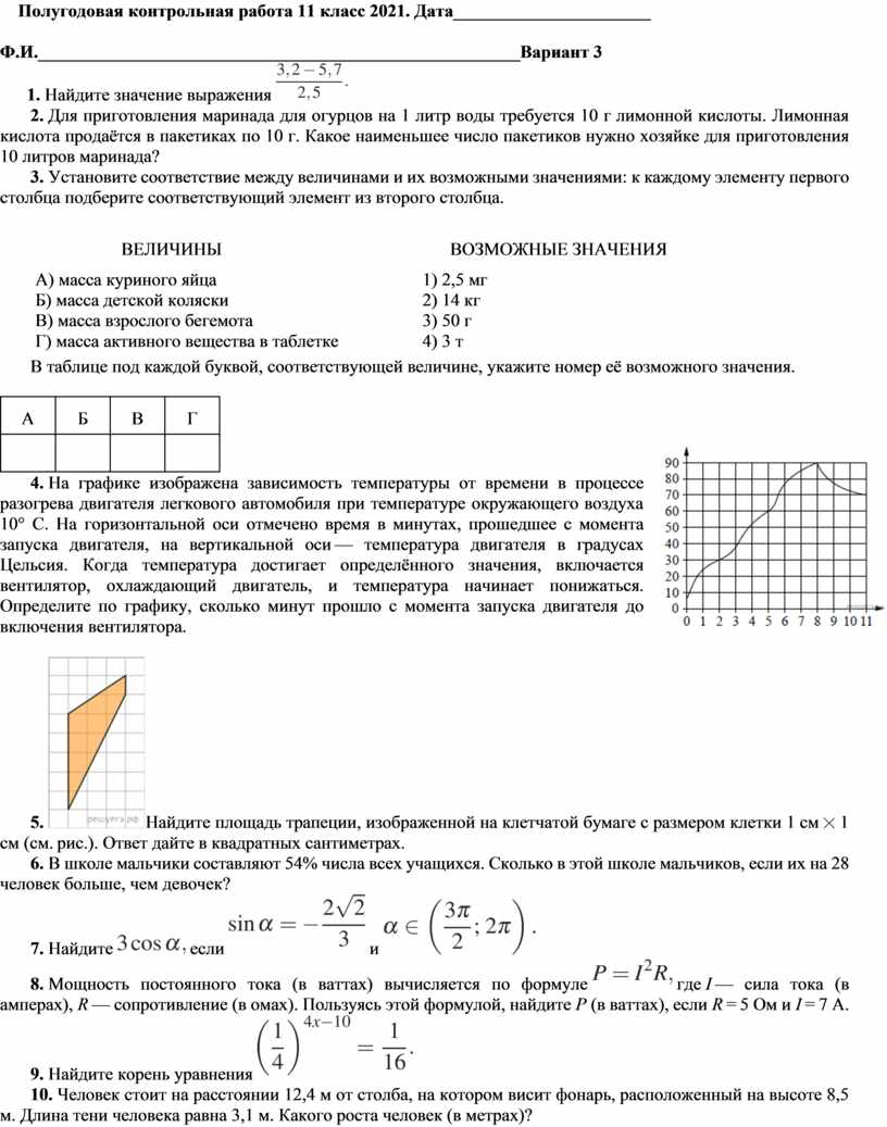 Полугодовая контрольная работа по математике 11 класс 3 вариант