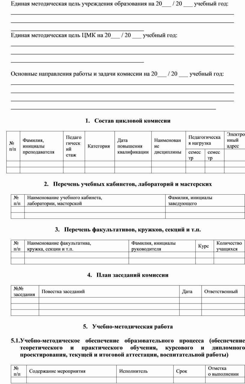 Шаблон плана работы цикловой методической комиссии колледжа