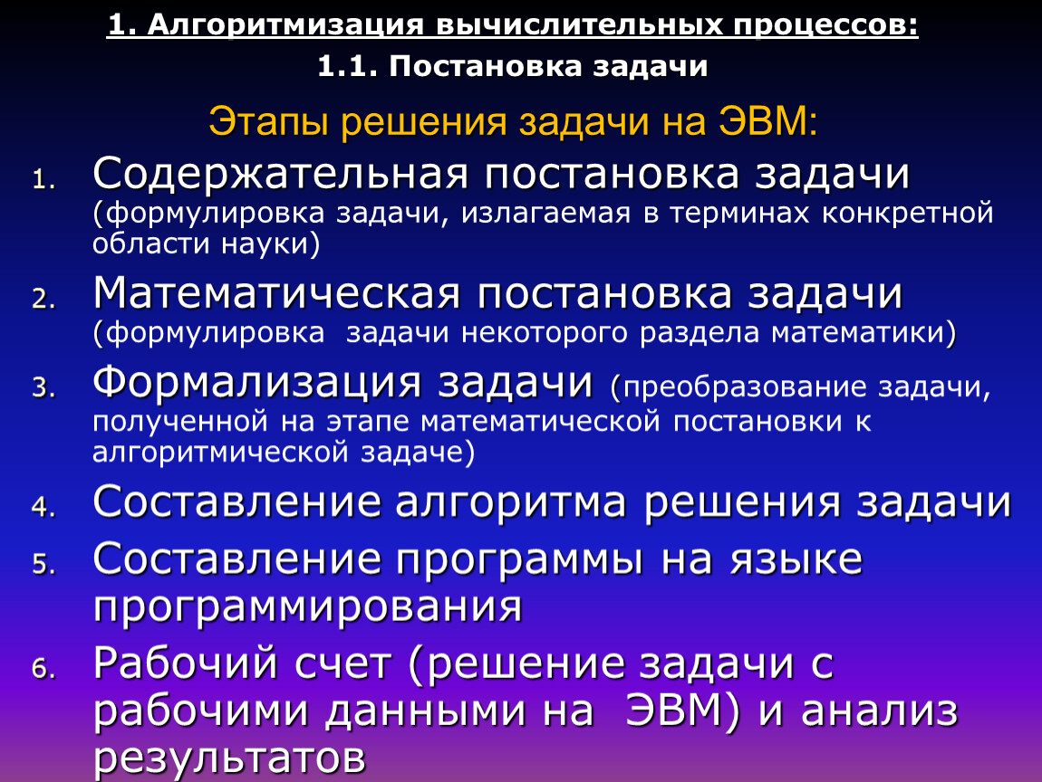 Этапы решения задач на этапе постановки задачи. Алгоритмизация задачи. Этапы решения задач на ЭВМ. Содержательная постановка задачи. Этапы алгоритмического решения задачи.