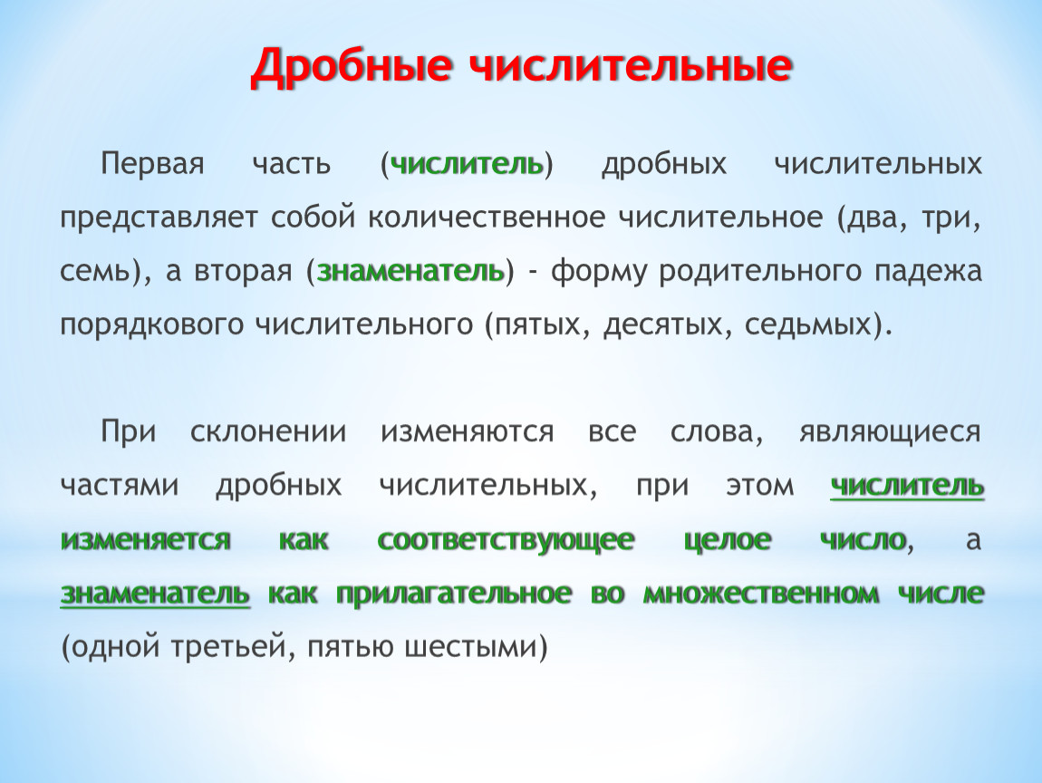 Склонение дробных числительных конспект урока 6 класс