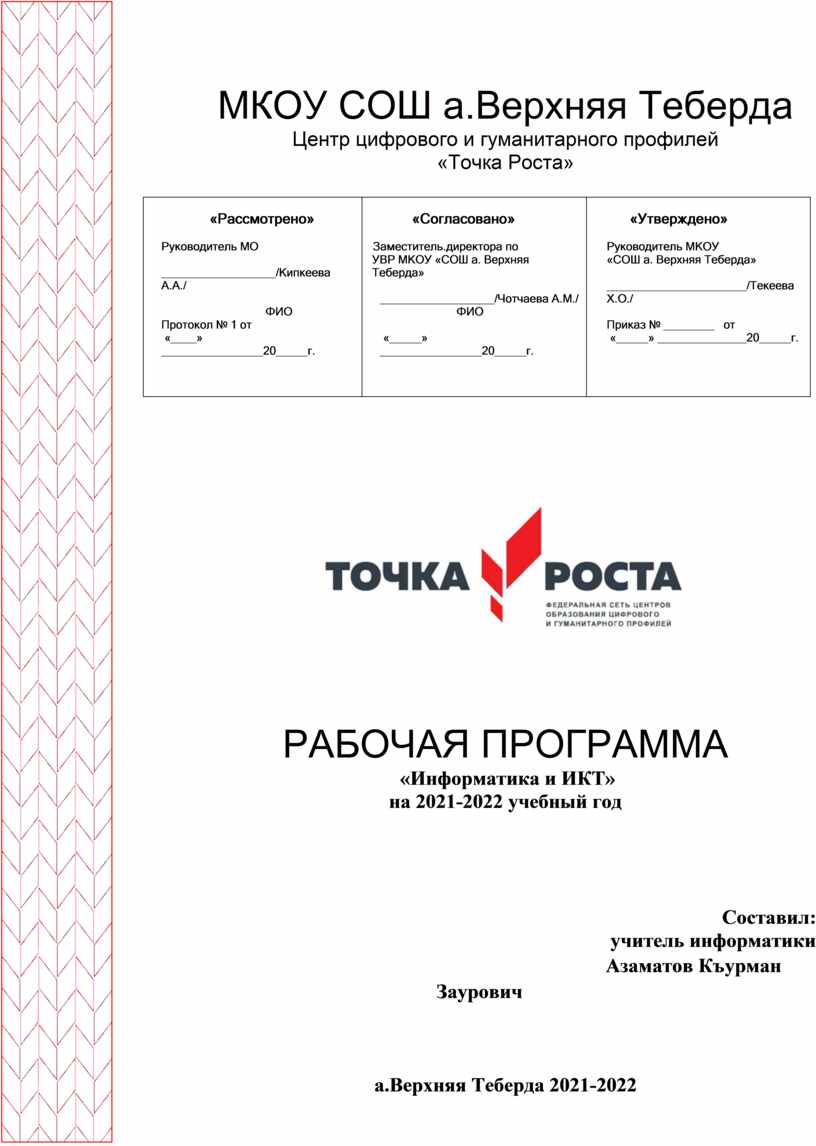 Рабочие программы 2021 2022. Точка роста Информатика.