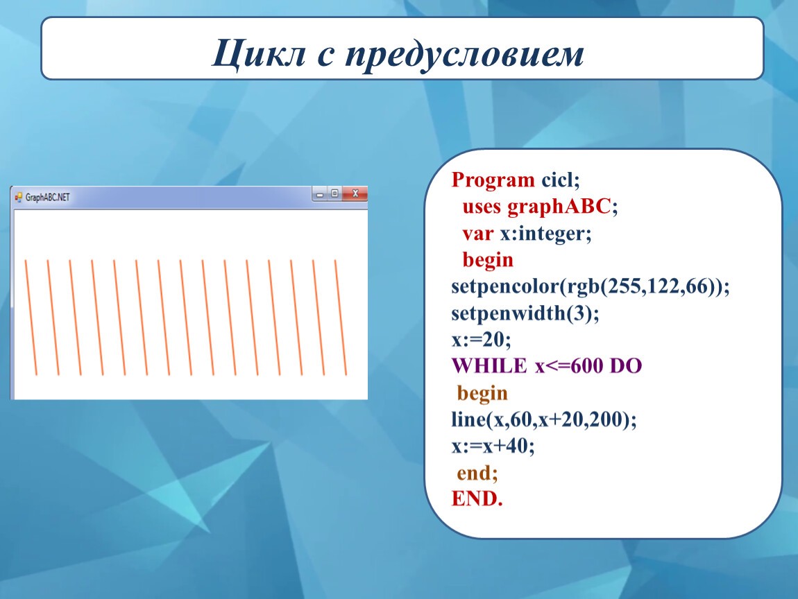 Цикл с предусловием Program cicl; uses graphABC; var x:integer; begin setpencolor(rgb(255,122,66)); setpenwidth(3); x:=20;