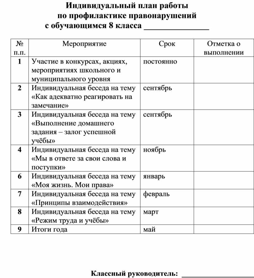 План профилактической работы