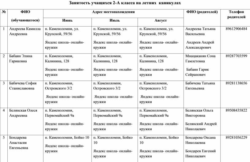 Занятость учащихся на каникулах образец