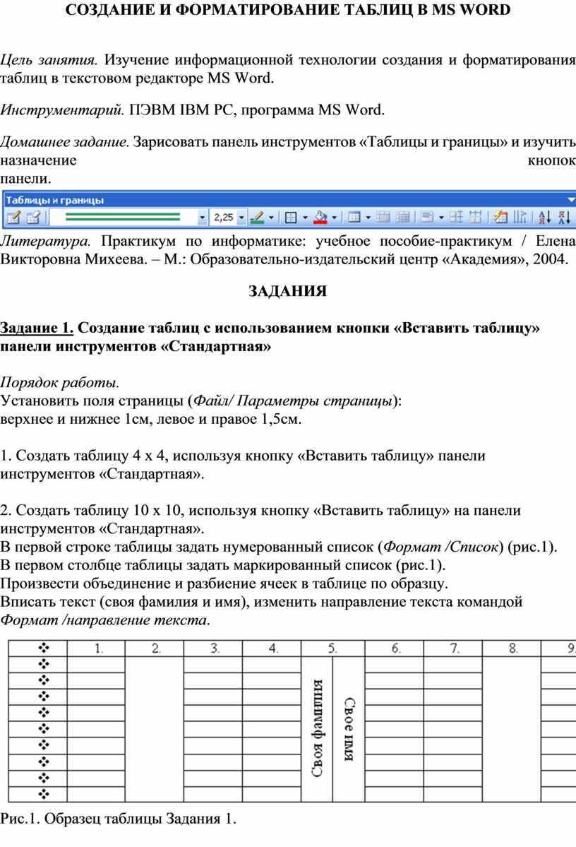 Создание таблиц в текстовом процессоре создайте новый документ создайте таблицу следующей структуры