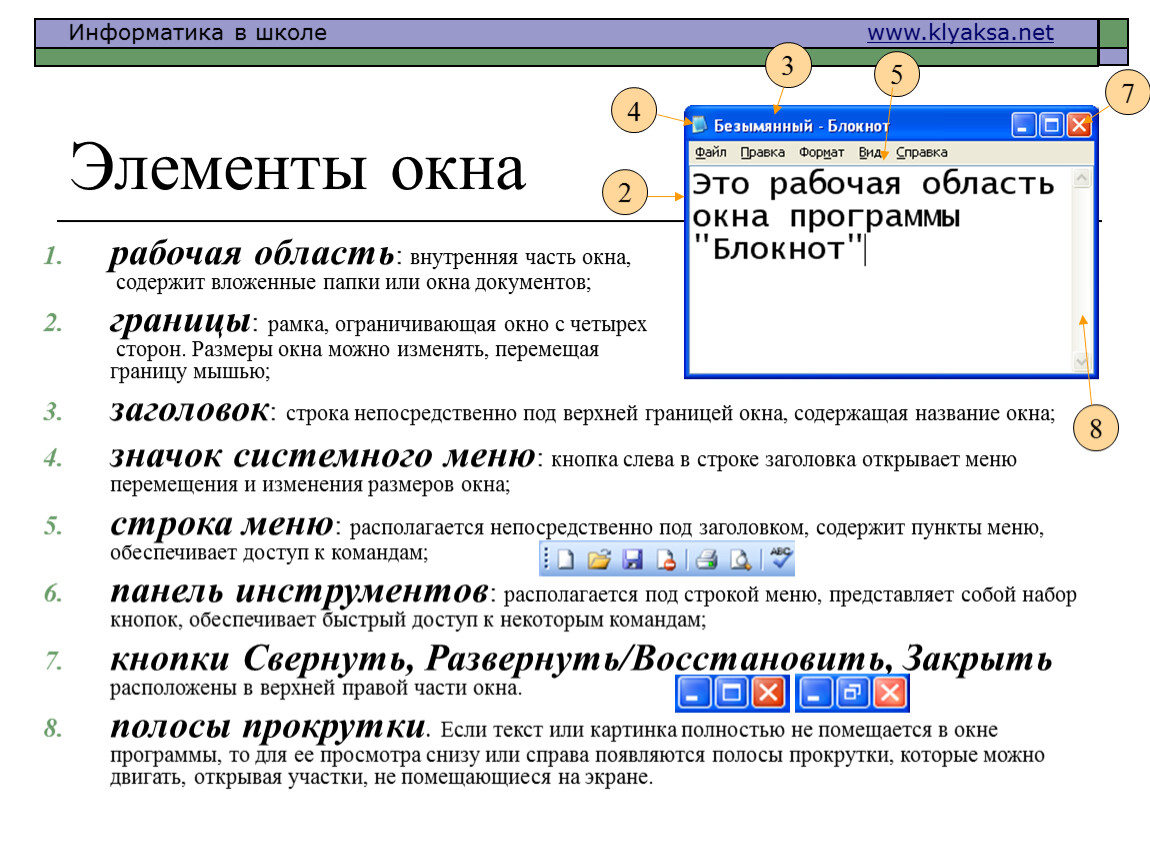 Содержатся пункты. Основные элементы окна программы блокнот. Элементы окна. Элементы окна Информатика. Заголовок окна.