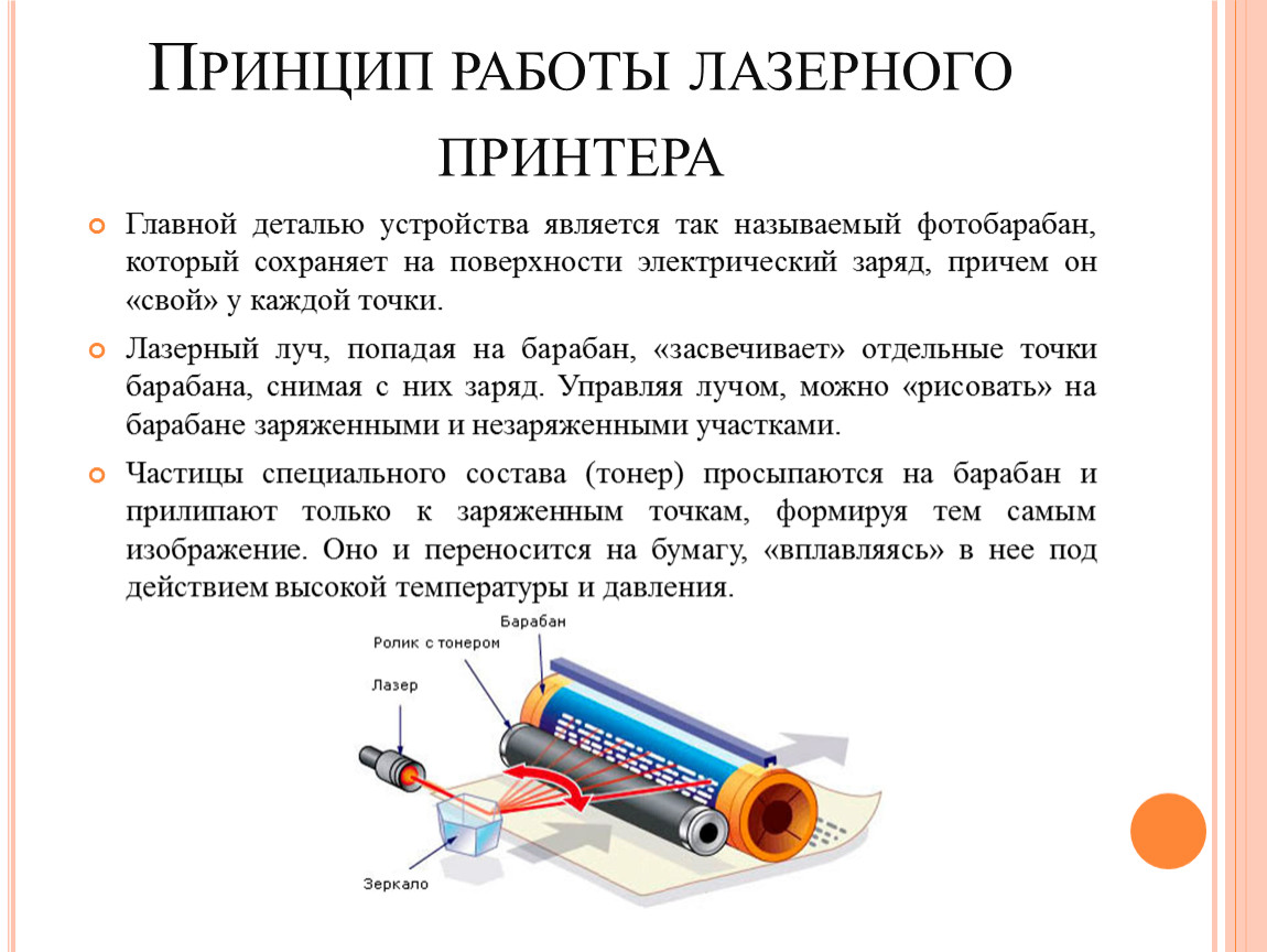 Принцип работы принтера. Принцип работы лазерного принтера. Принцип работы лазера. Принцип действия лазерным принтером фотобарабан. В основе работы лазерного принтера лежит подвижной ...