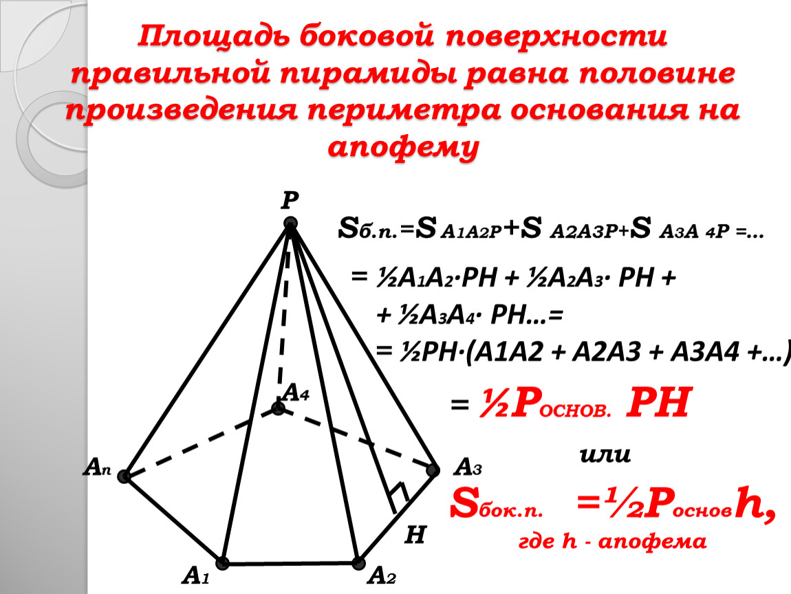 Половина произведения периметра основания на апофему. Площадь боковой поверхности пирамиды через апофему. Как найти периметр основания пирамиды. Площадь боковой поверхности пирамиды четырехугольной через периметр. 1/2 Периметр основания на апофему.