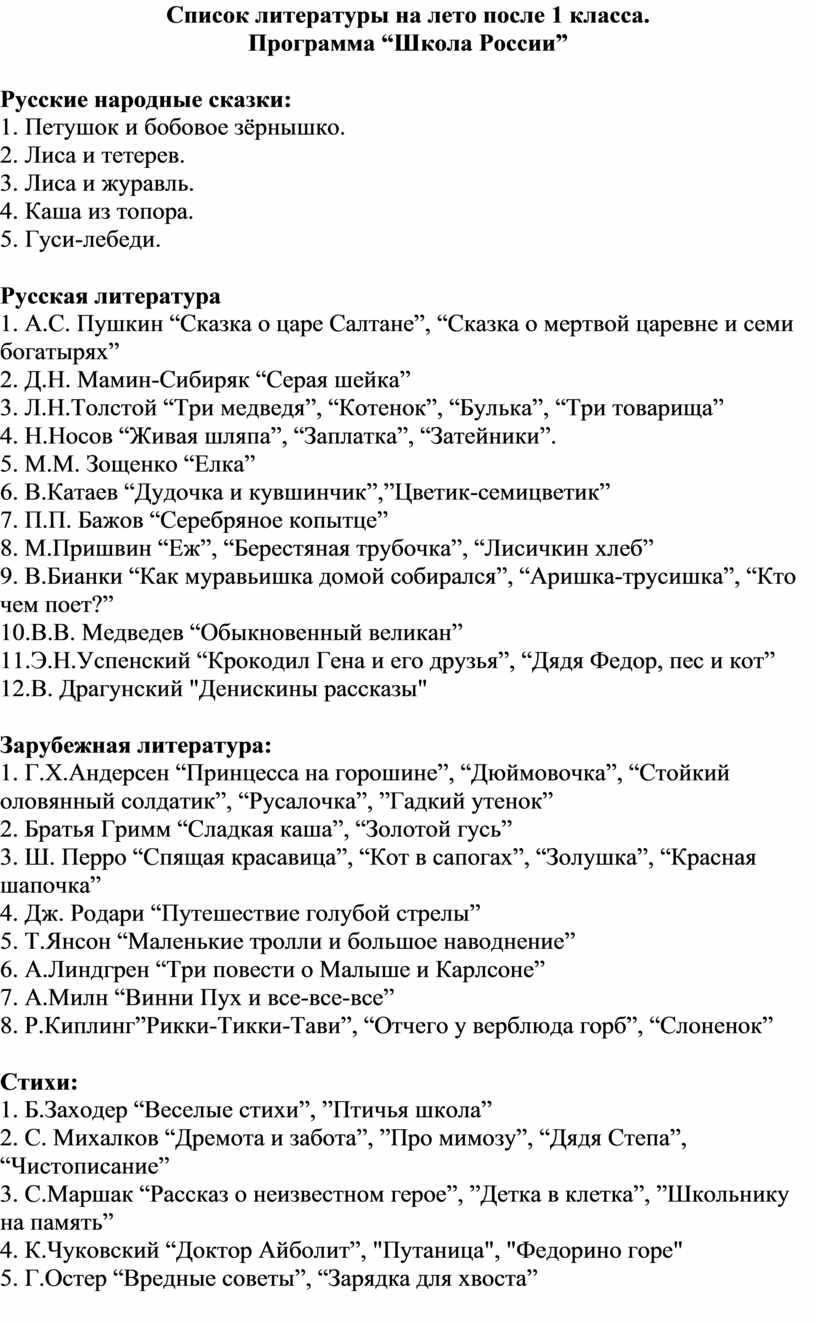 Рекомендуемый список литературы на лето для учащихся, окончивших 1 класс по  программе «Перспектива»