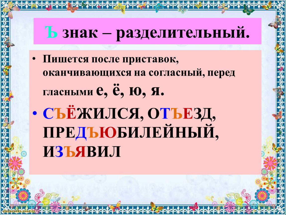 Ъ знак – разделительный. Пишется после приставок, оканчивающихся на согласный, перед гласными е, ё, ю, я