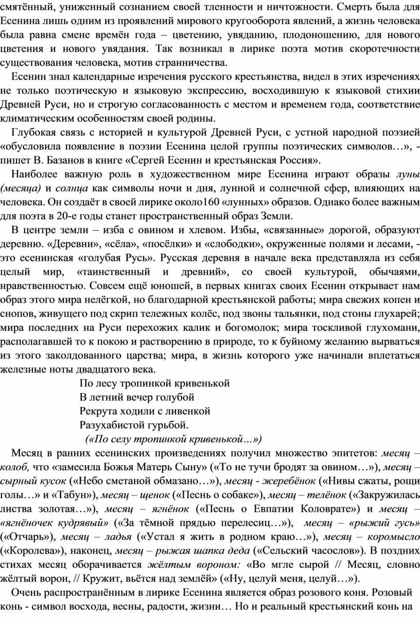 Методическая разработка к уроку литературы в 11 классе «Система поэтических  образов в пейзажной лирике С. А. Есенина»