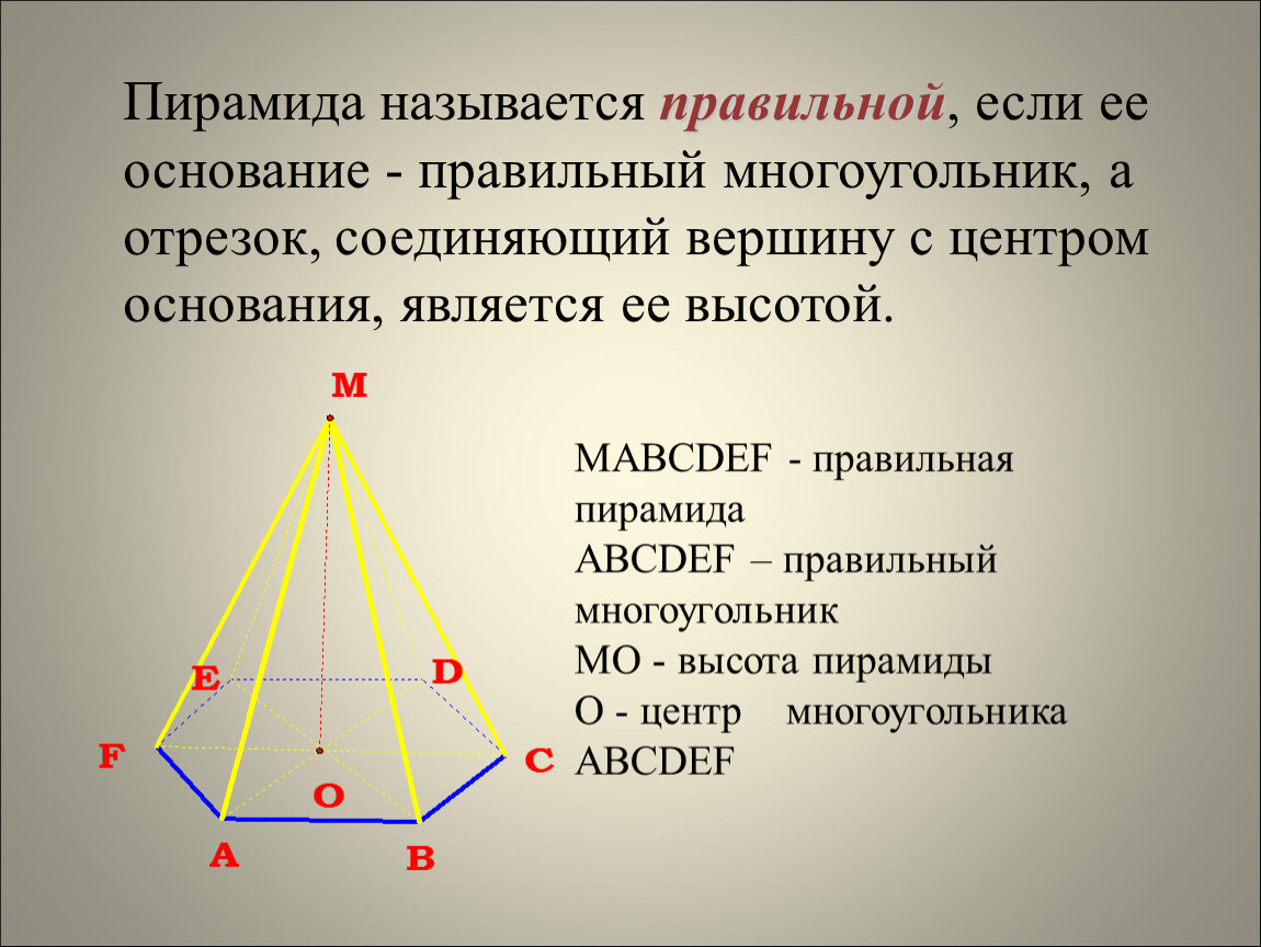 Пирамида правильная если. Основание правильной пирамиды. Пирамида называется правильной если. Центр основания пирамиды.