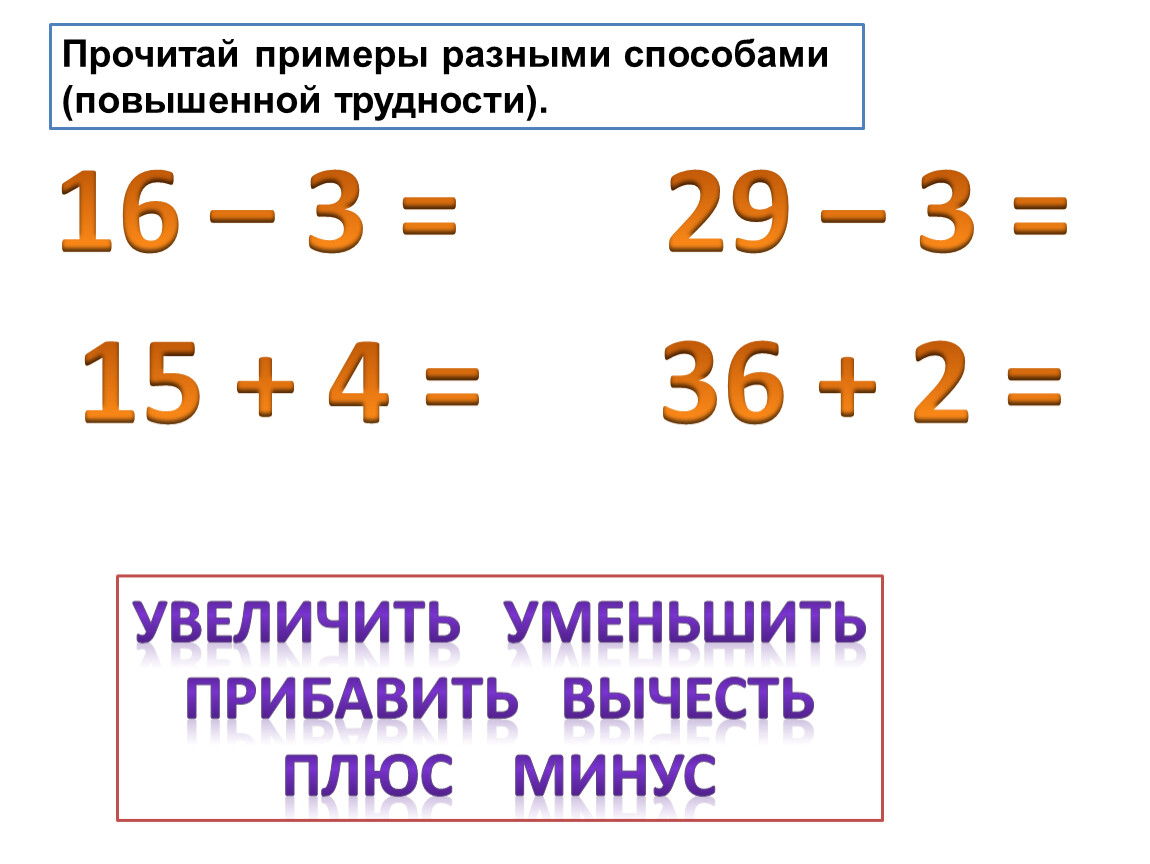 Почитаемый образец. Как читать примеры. Прочитать пример разными способами. Чтение примеров разными способами 1 класс. Прочитай пример разными способами.