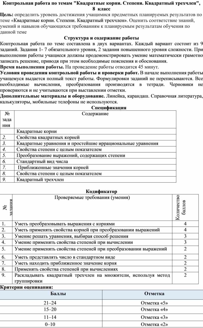 Контрольная работа по теме Квадратные корни. Степени