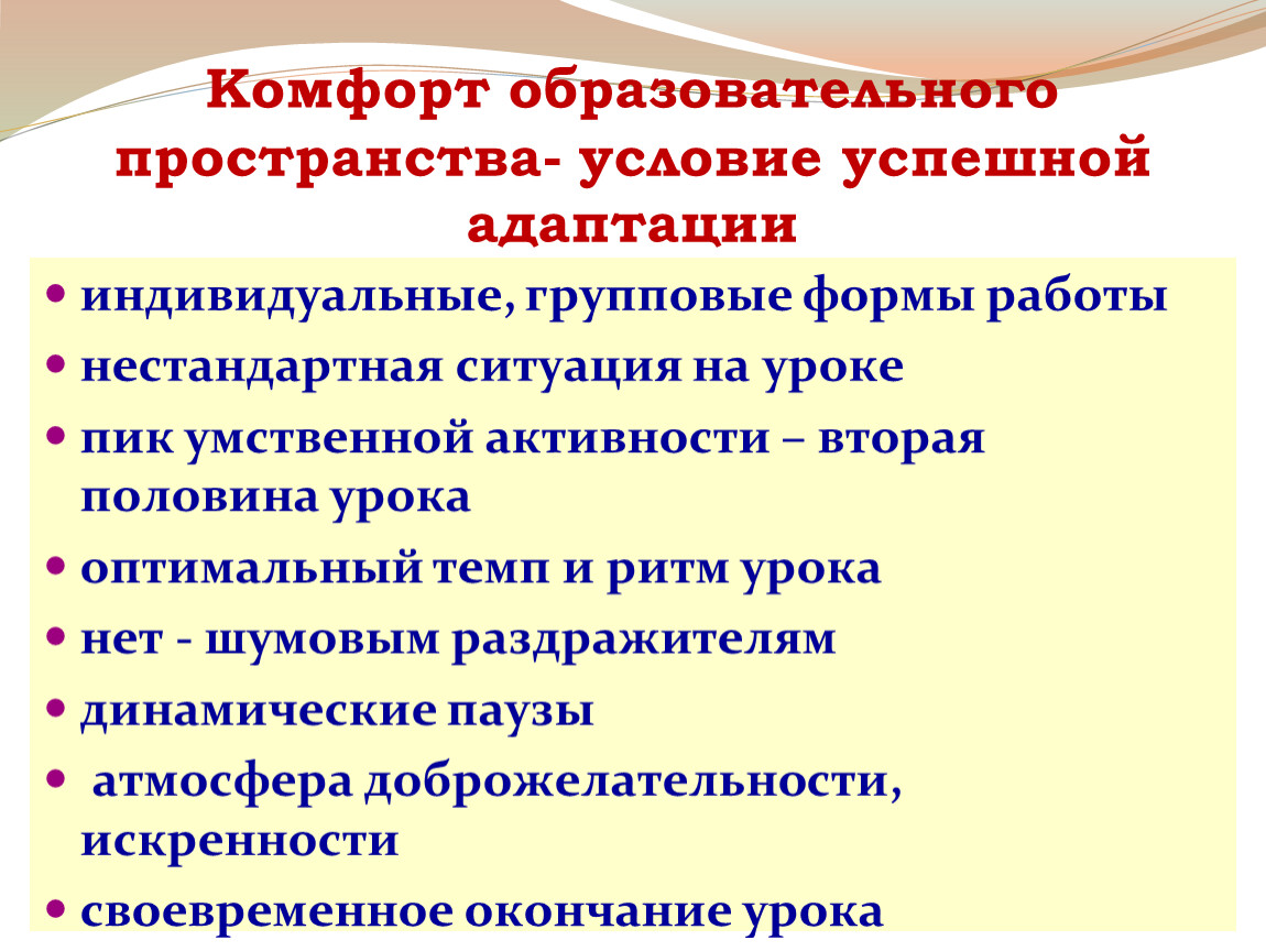 Половина урока. Характеристика образовательного пространства. Условия образовательного пространства. Нестандартные ситуации на уроке. Индивидуальная форма работы на уроке.