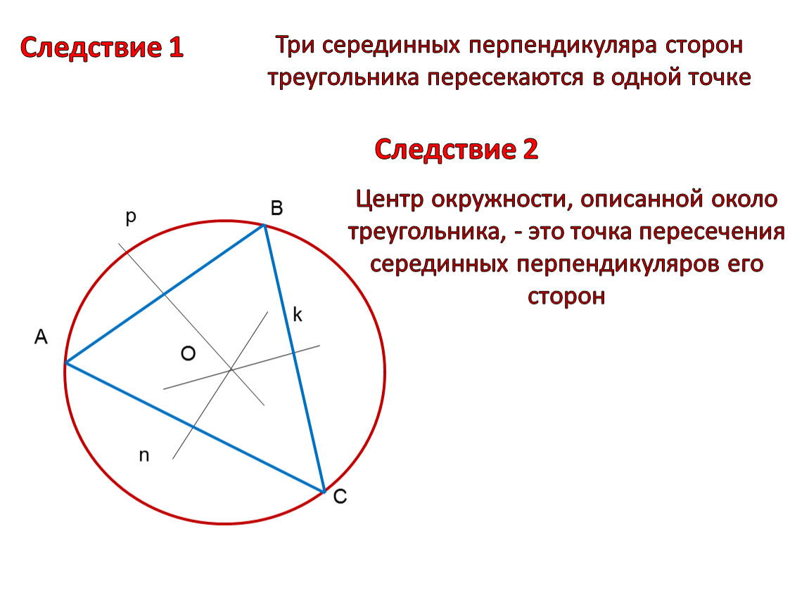 Центр пересечения серединных перпендикуляров в прямоугольном треугольнике