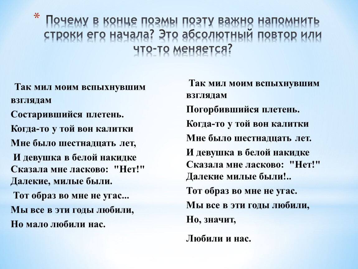 Поэма конца. Когда то у той вон калитки мне было шестнадцать лет. Мне шестнадцать лет. Конец поэмы 12.