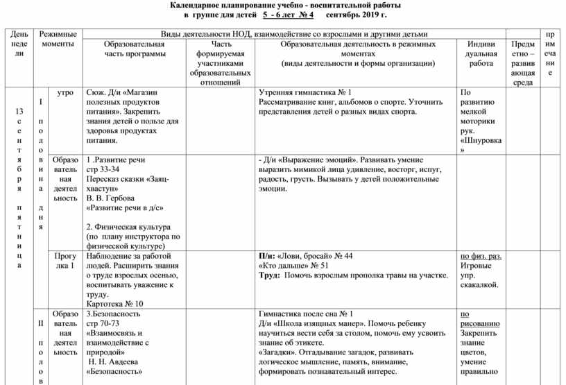 План работы подготовительная группа сентябрь