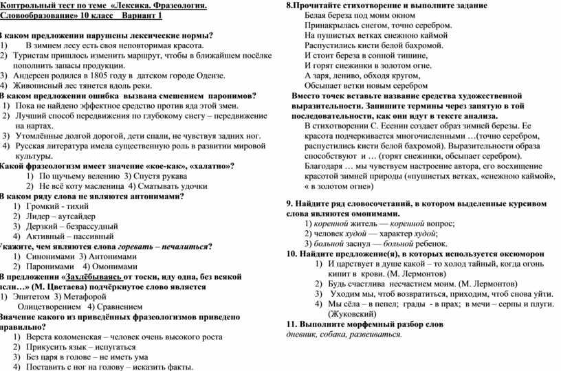 Контрольная по теме лексикология 5 класс. Контрольная работа лексика и фразеология. Лексика и фразеология тест 10 класс. Контрольный тест по теме лексикология и фразеология 10 класс. Тест по лексике 10 класс.