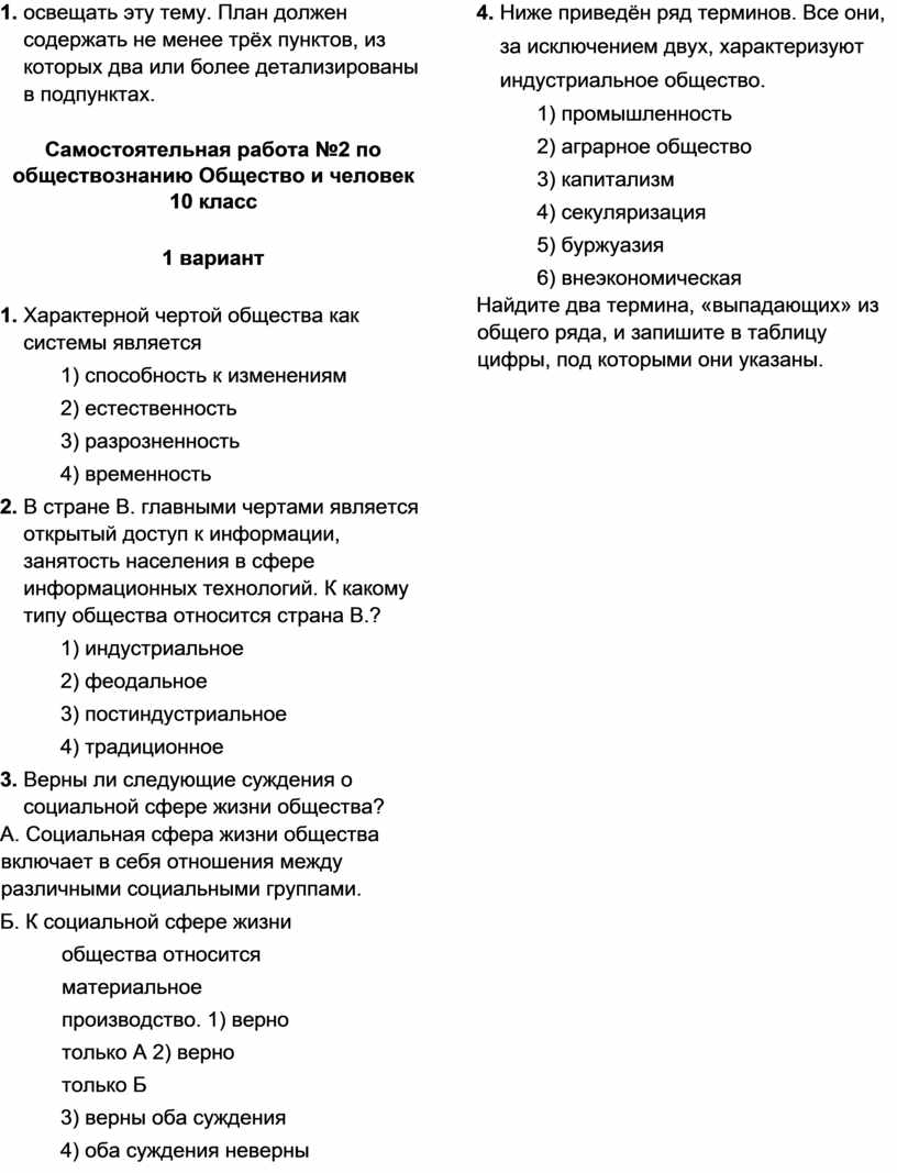 Самостоятельная работа №2 по обществознанию Общество и человек 10 класс