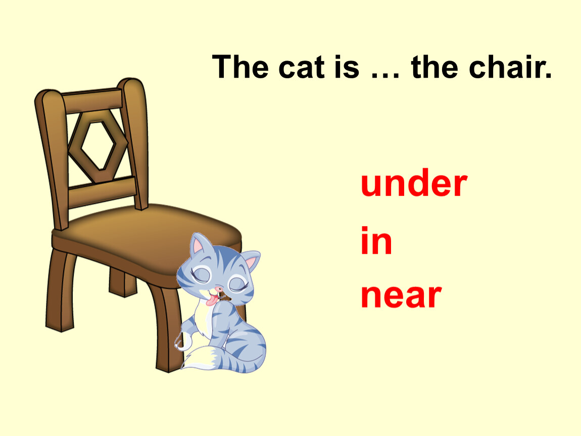 Next to the armchair. Предлоги in on under next to. Prepositions of place in on under. The Cat is the Chair. The Cat is on the Chair.