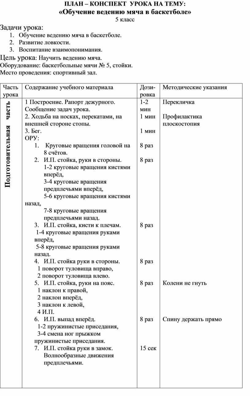 ПЛАН – КОНСПЕКТ УРОКА НА ТЕМУ: «Обучение ведению мяча в баскетболе