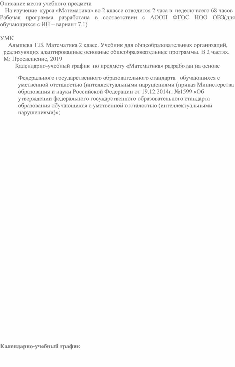 Описание места учебного предмета