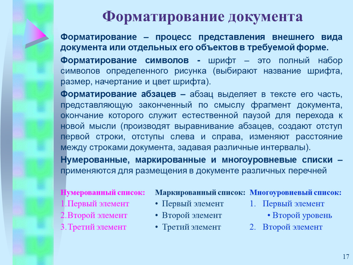 Форматирование документа. Виды форматирования документа. Технология форматирования документа. Форматирование текста это процесс.