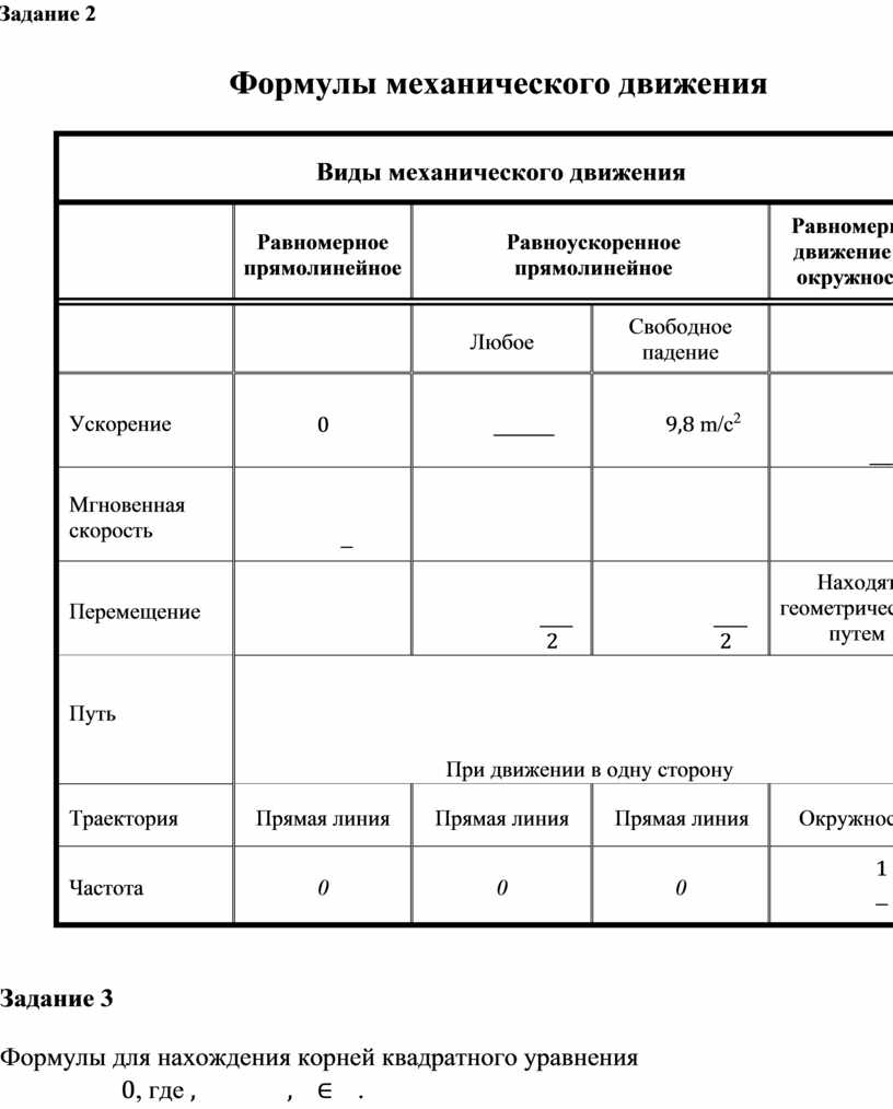 Формулы механического движения таблица ворд