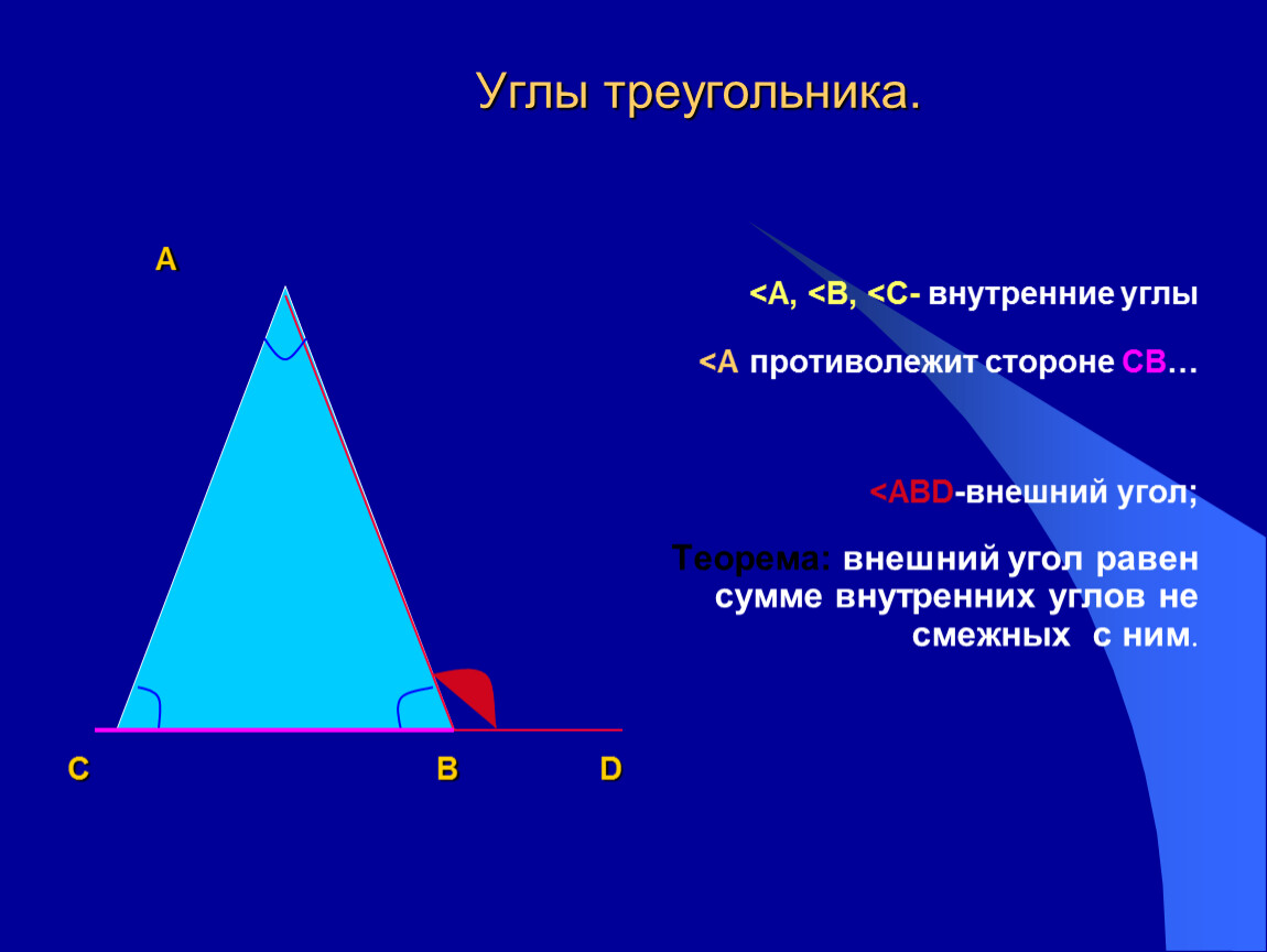 Углы треугольника 3 5 7. Теорема о внешнем угле треугольника 7 класс. Углы треугольника. Внутренний треугольник. Внутренний угол треугольника.