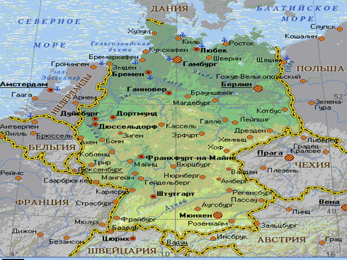Карта германии с городами на русском подробная. Географическая карта ФРГ. Моря омывающие Германию на карте. Географическое положение Германии на карте. Какие моря омывают Германию карта.