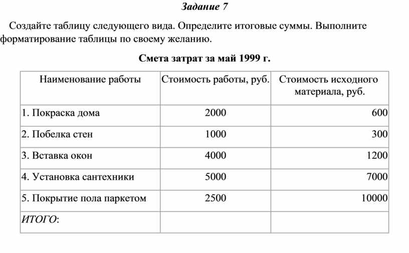 Создайте таблицу следующего вида и постройте 4 диаграммы по всем видам деревьев и итоговым данным