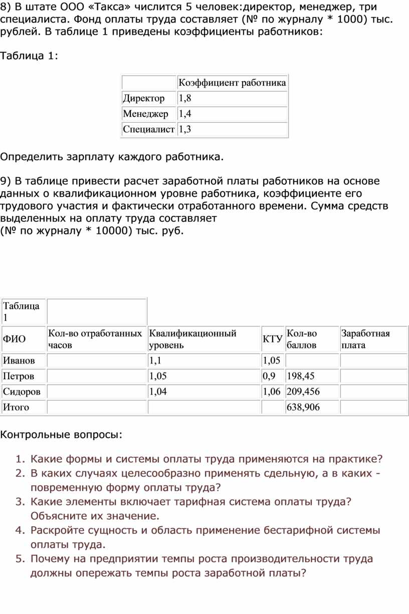 Практическое занятие. Расчет размера оплаты труда по различным формам и  системам оплаты