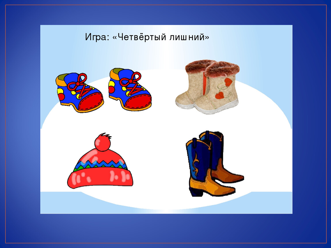 Четвертый лишний средняя группа. Одежда обувь головные уборы. Зимняя одежда обувь головные уборы. Четвертый лишний обувь. Тема обувь для детей.