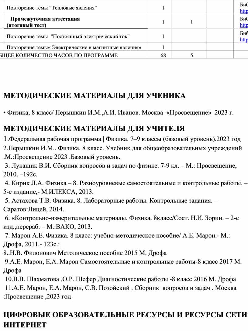 Рабочая программа по физике 8 класс