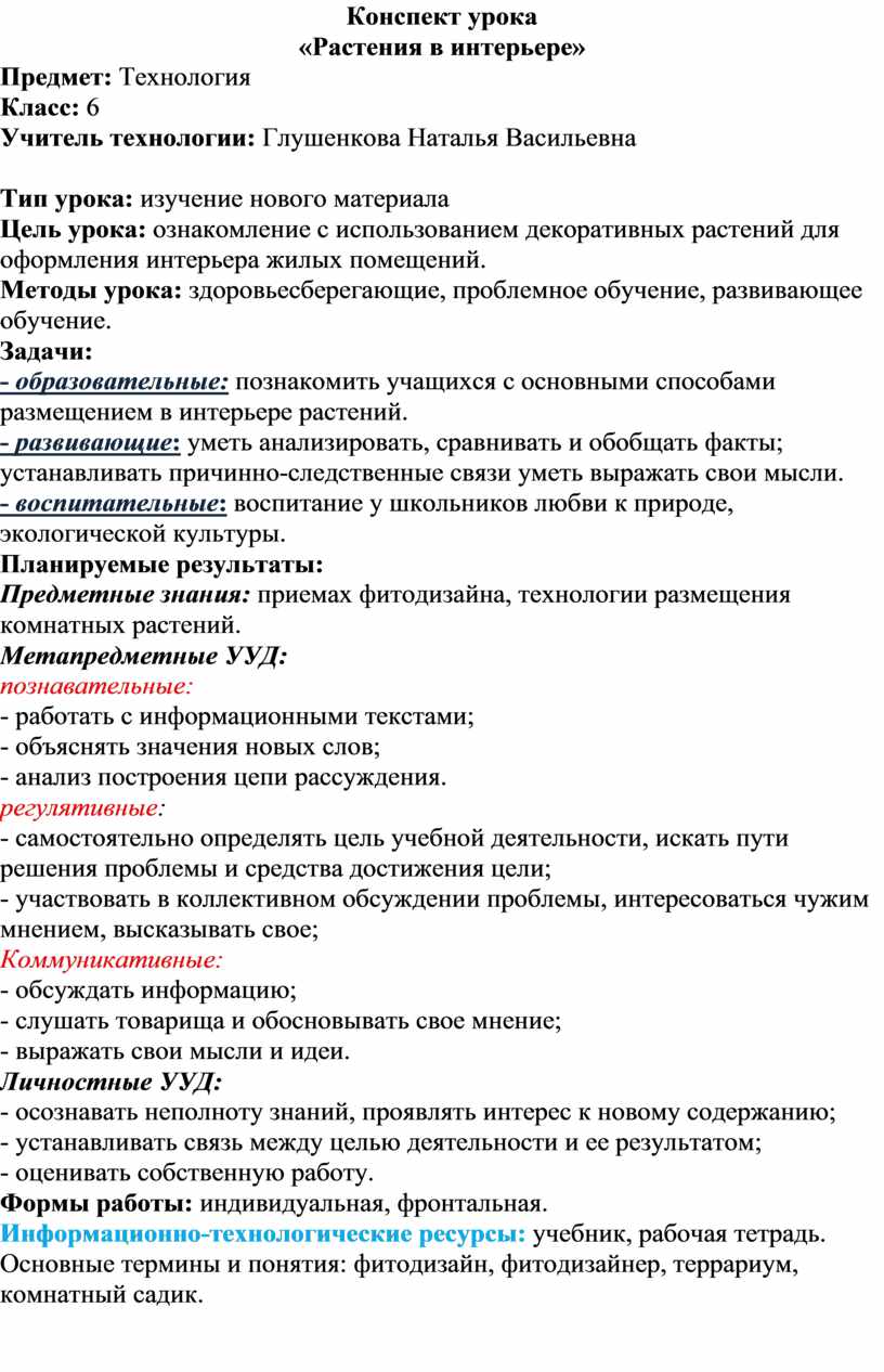 Конспект урока по теме: «Растения в интерьере» 6 класс