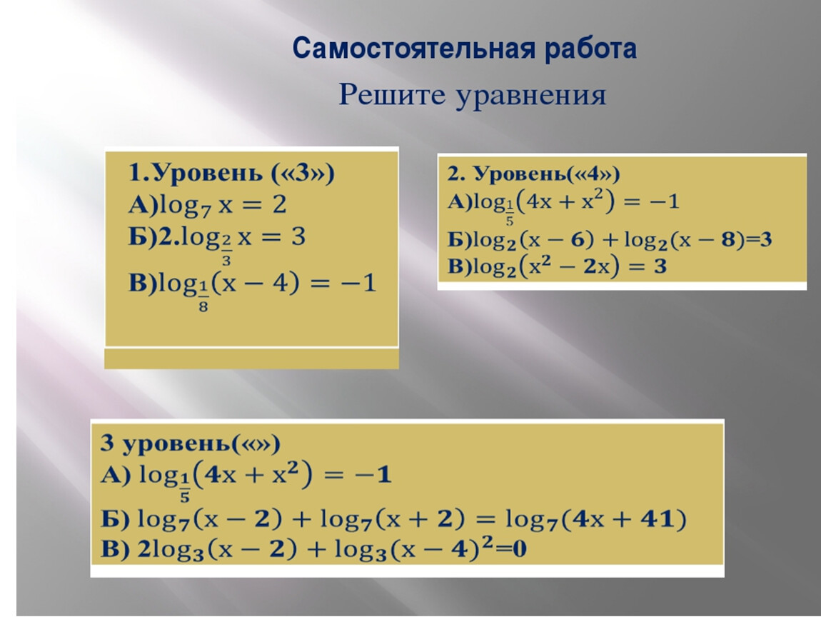 Что такое логарифмическое уравнение. Логарифмические уравнения самостоятельная работа. Квадратные логарифмические уравнения. Показательные и логарифмические уравнения. Логарифмические уравнения сводящиеся к квадратным.