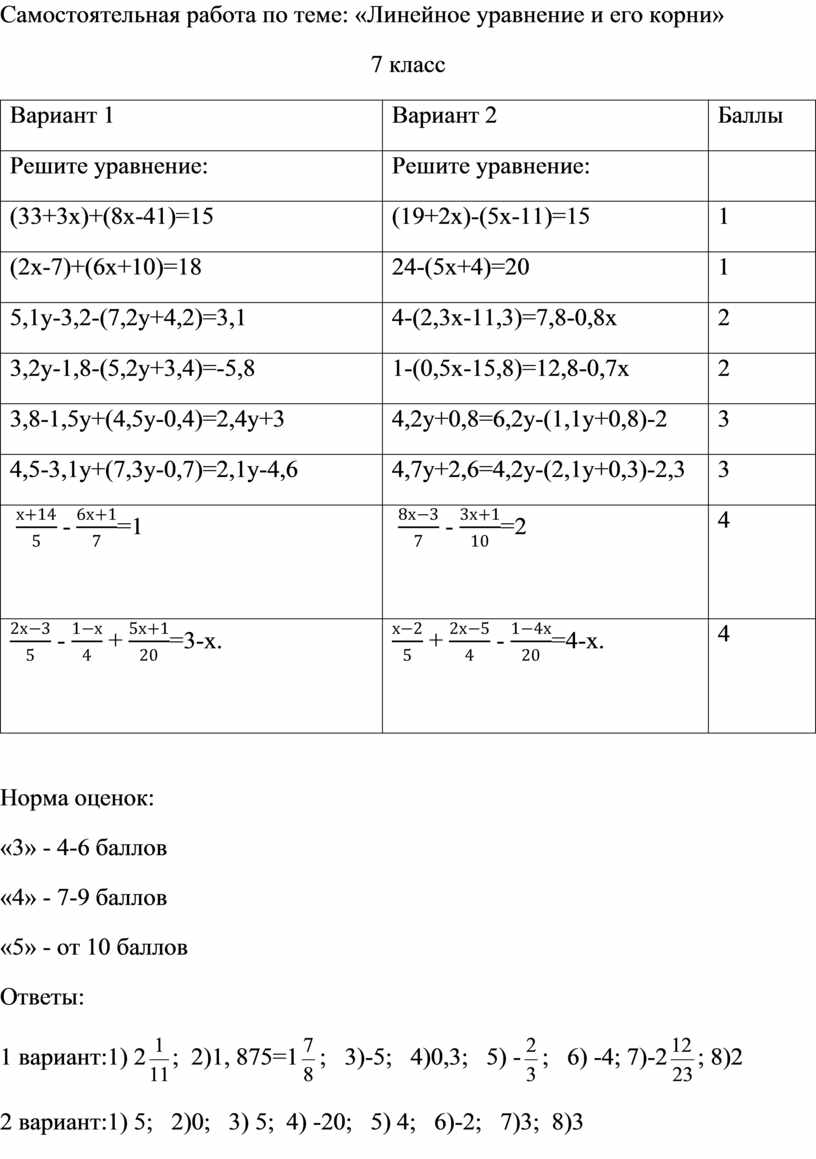 Линейные уравнения 7 класс карточки