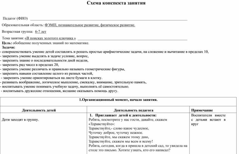 Структура конспекта занятия в доу по фгос образец