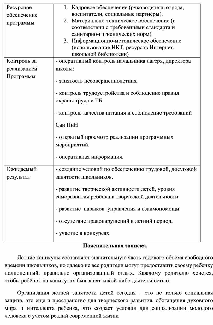 План работы трудового лагеря в школе