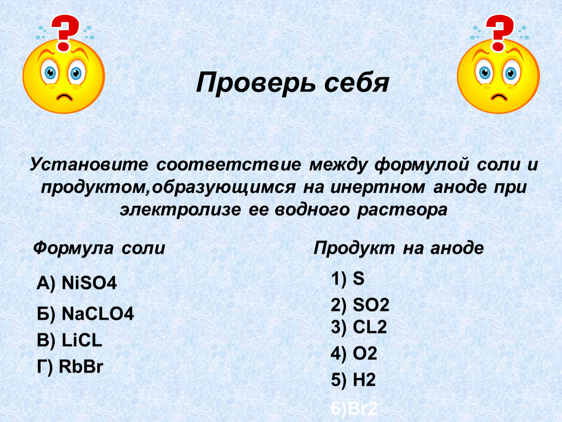 Установите соответствие между формулой соли. Формула соли продукт на аноде. Установите соответствие между формулой соли и продуктом. Продукты на инертном аноде. Установите соответствие между солью и продуктом электролиза.