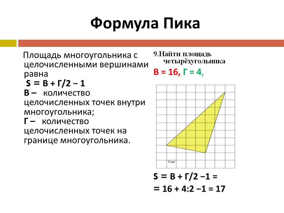 Площадь многоугольника с вершинами. Теорема пика для вычисления площади многоугольника. Формула пика формула площади многоугольника. Площадь фигуры теорема пика. Нахождение площади по формуле пика.